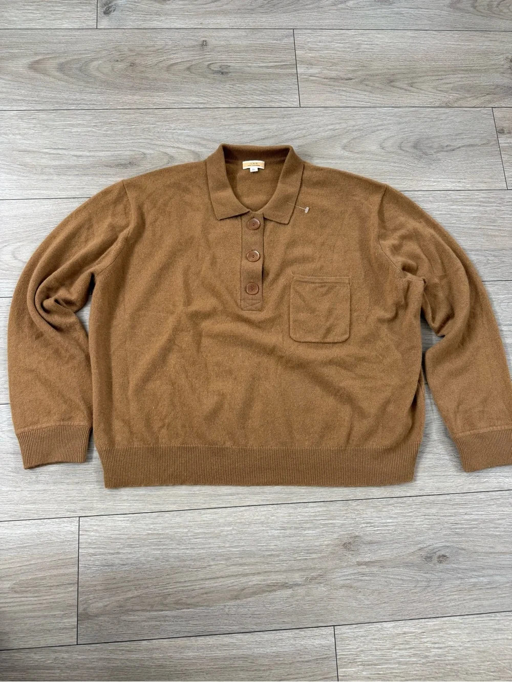 J.Crew Men’s XL 100% Cashmere Polo Sweater Camel Brown Long Sleeve Pocket